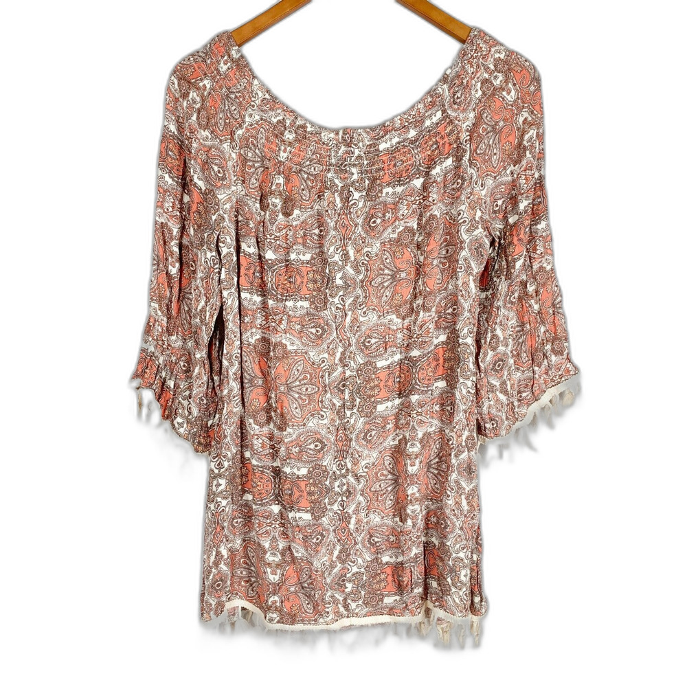 Paper Doll Blouse L Fringed Ivory Coral Paisley Elastic Neckline Tassel Fringe - Picture 3 of 5
